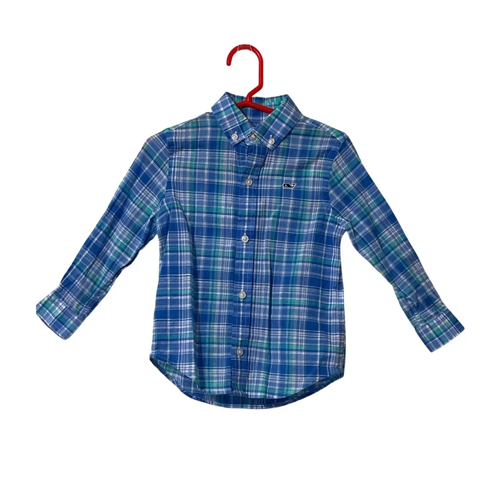 Vineyard Vines Whale Shirt 2T Blue Green Plaid Preppy Coastal Nautical Button Up